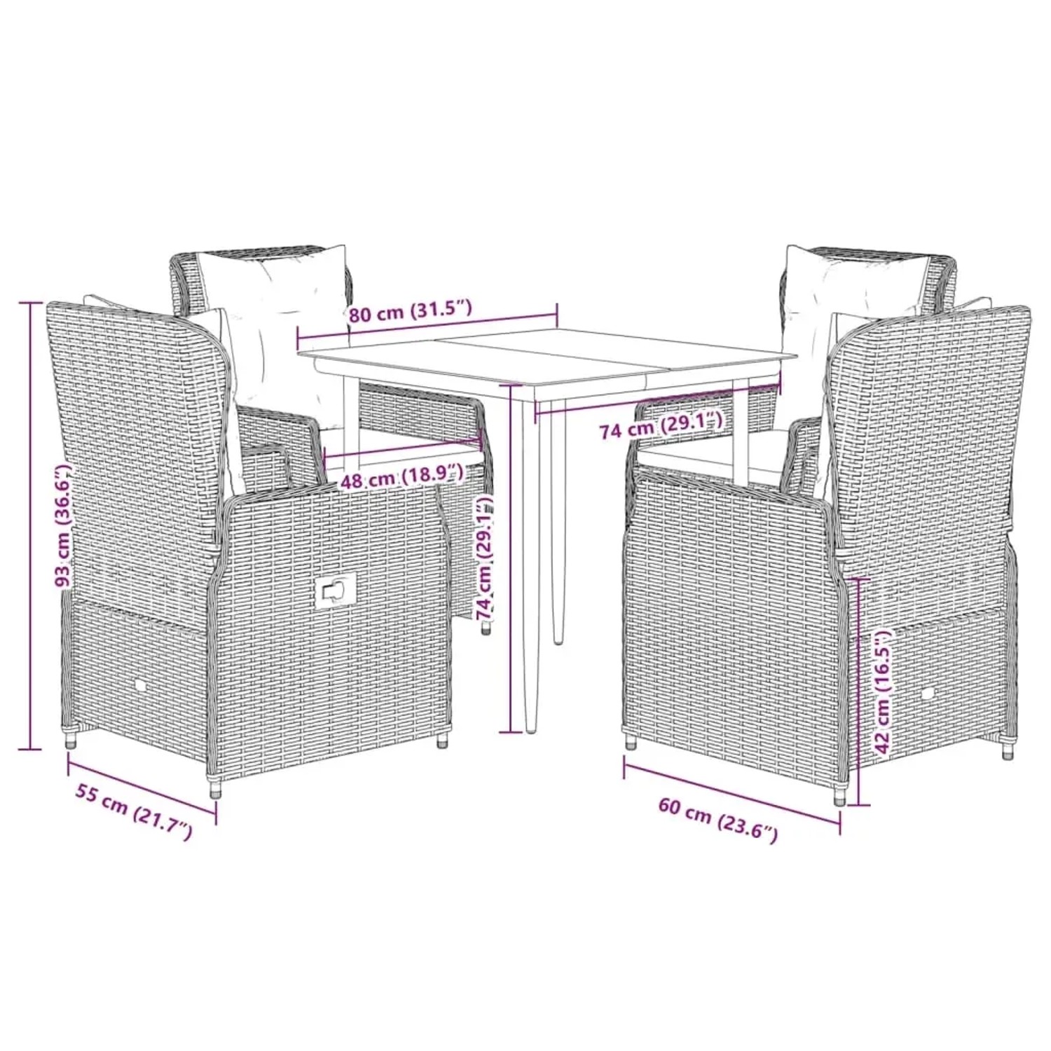 vidaXL 5-tlg. Garten-Essgruppe aus schwarzem Poly Rattan mit Tisch und 4 Stühlen mit cremeweißen Kissen.