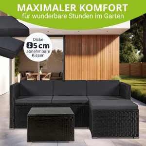 Schwarze Polyrattan Lounge Punta Cana mit dunkelgrauen Bezügen, Gartenmöbel-Set mit Tisch und Kissen.