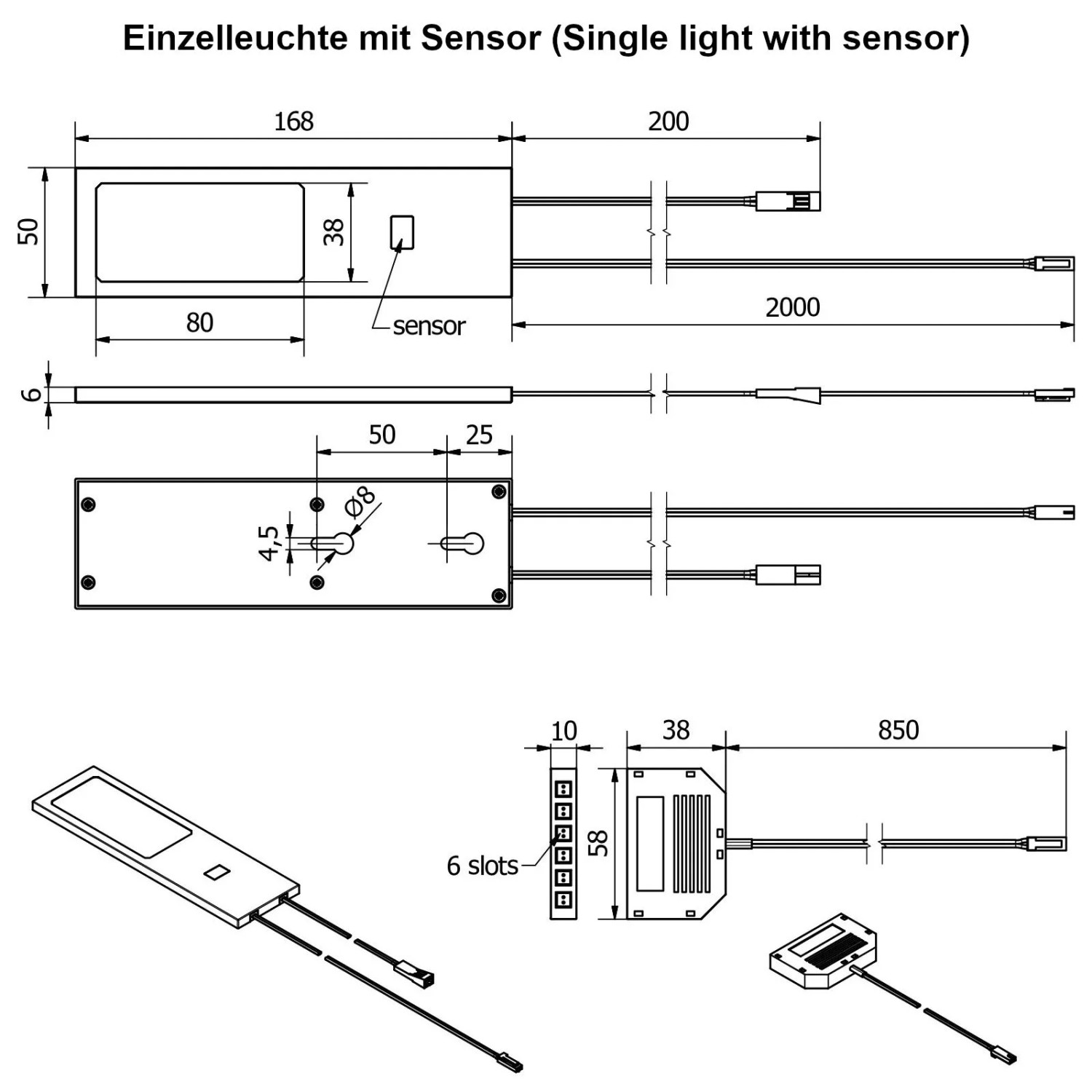 Technische Zeichnung der SOTECH GIULIA II LED Unterbauleuchte mit Sensor, Maßen und 6-fach Verteiler. Flache Möbelleuchte.