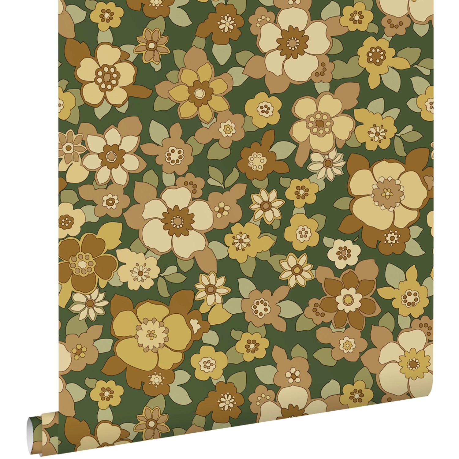 ESTAhome Tapete Retro Blumen Dunkelgrün und Gelb 50 x 900 cm günstig online kaufen
