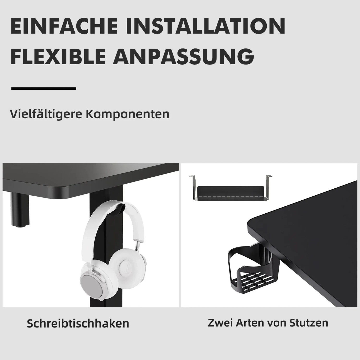 Details des HOMAVO Schreibtisch: Kopfhörerhalter, Getränkehalter und Kabelmanagement unter der Tischplatte.