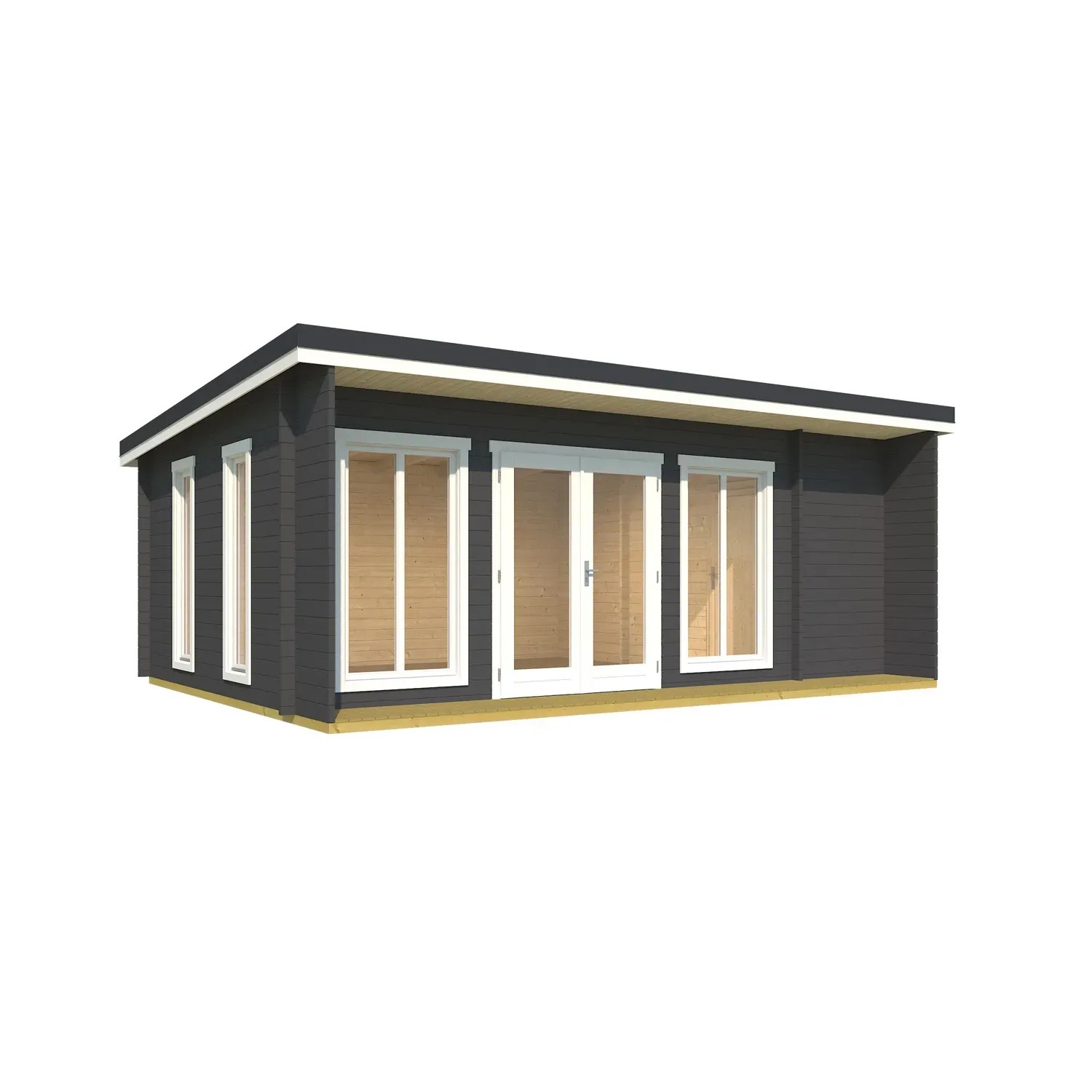 Carbongraues Lasita Maja Gartenhaus Japan mit Fenstern und Doppeltür. Holz-Gartenhaus.