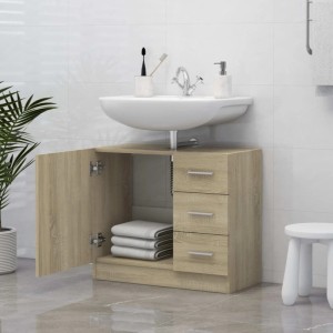 vidaXL Waschbeckenunterschrank Sonoma-Eiche mit offenem Fach und 3 Schubladen.