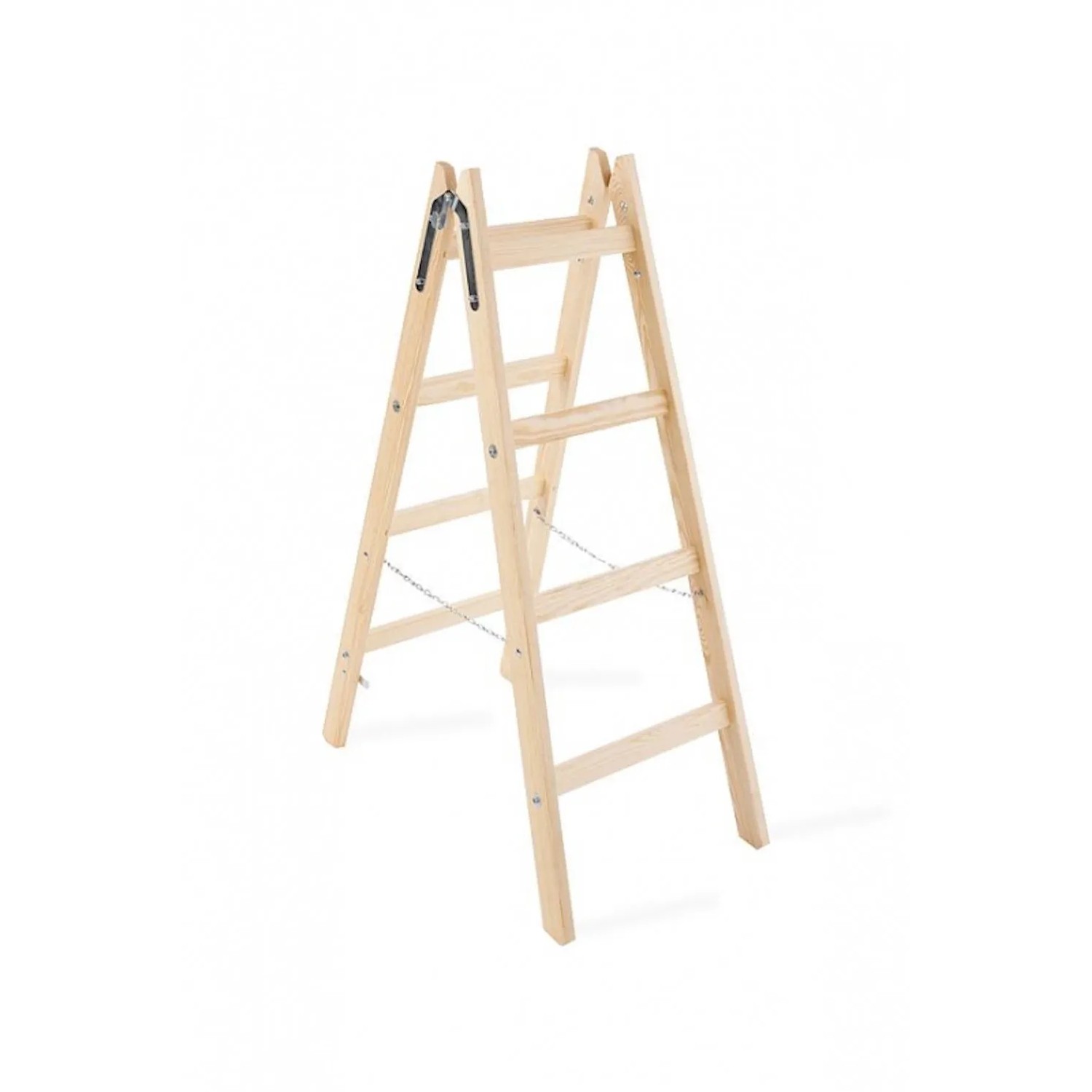 Holz-Sprossen-Stehleiter von PROREGAL, beidseitig begehbar mit Sicherheitskette.