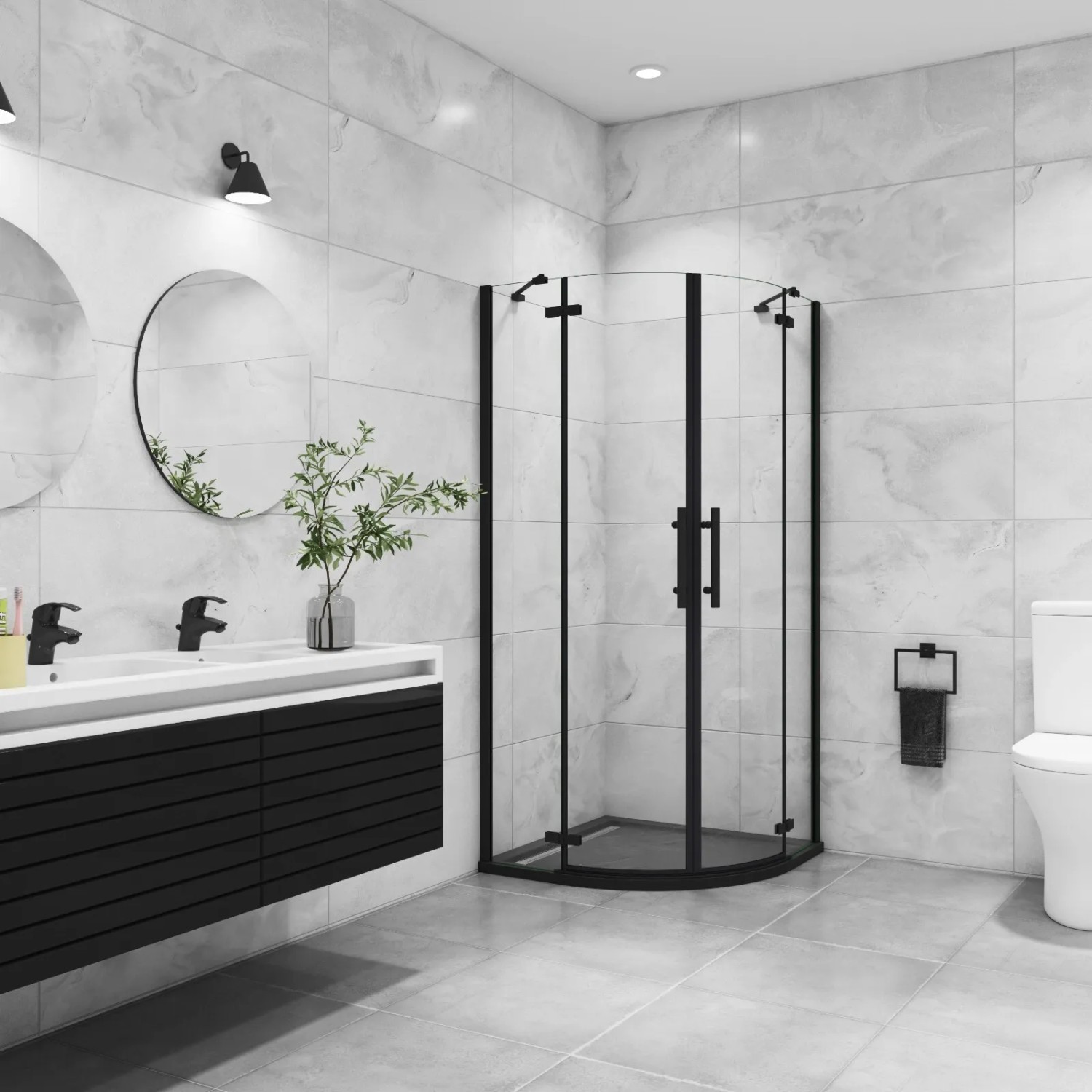 AICA Runddusche 90x90cm, schwarz, 6mm NANO ESG Sicherheitsglas, Viertelkreis, in modernem Bad.