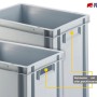 Graue PROREGAL Euroboxen (56L) mit offenem Griff, ideal zur Aufbewahrung und als Transportbox.