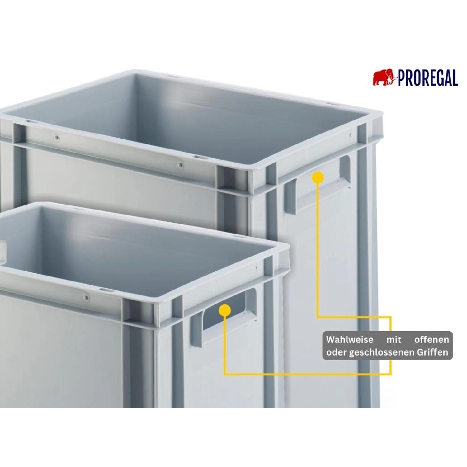 Graue PROREGAL Euroboxen (56L) mit offenem Griff, ideal zur Aufbewahrung und als Transportbox.