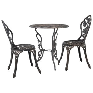 Bronzefarbenes 3-tlg. Bistro-Set aus Aluminiumguss mit Tisch und zwei Stühlen für Garten oder Terrasse.