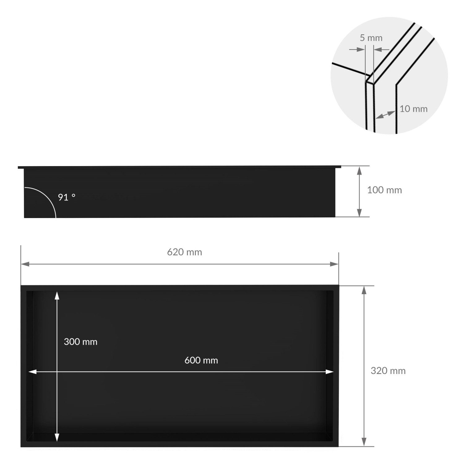 Technische Zeichnung einer schwarzen LuxeBath Wandnische aus Edelstahl, 60x30x10 cm, mit Maßangaben.