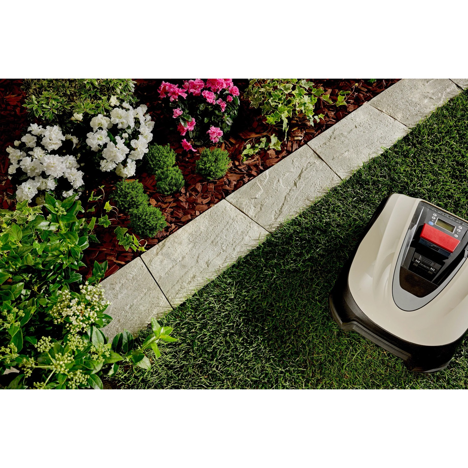 KANN Rasenkante Nativa Kalkstein (35x20x4 cm) mit Mähroboter im Garten.