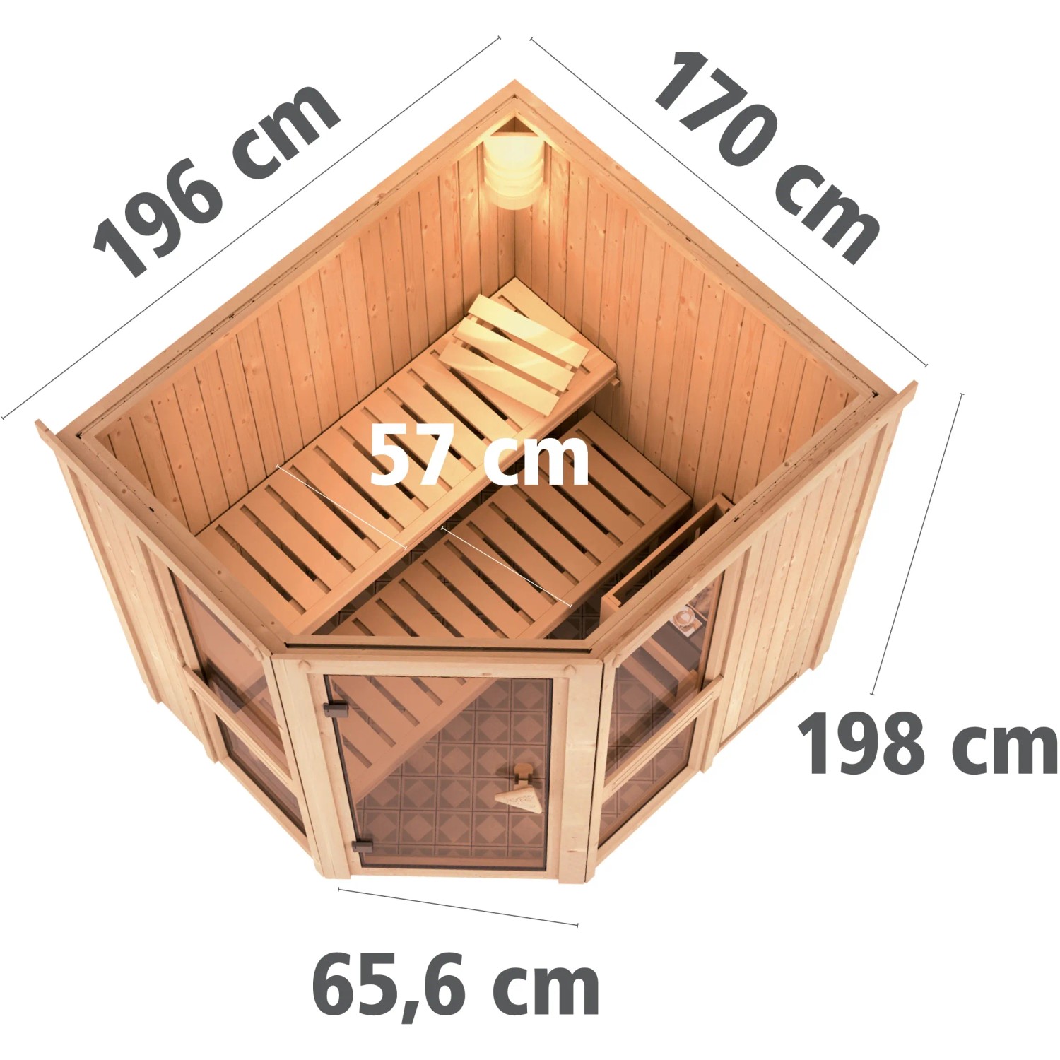 Karibu Sauna Anina 1 Natur, Elementsauna aus Fichte mit Glastür und zwei Liegen. Aufbaumaße: 196 x 170 x 198 cm.