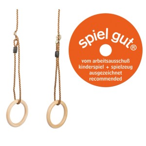 Zwei hölzerne Turnringe mit braunen Seilen und Metallringen zum Aufhängen. Ideal für Spiel & Spaß.