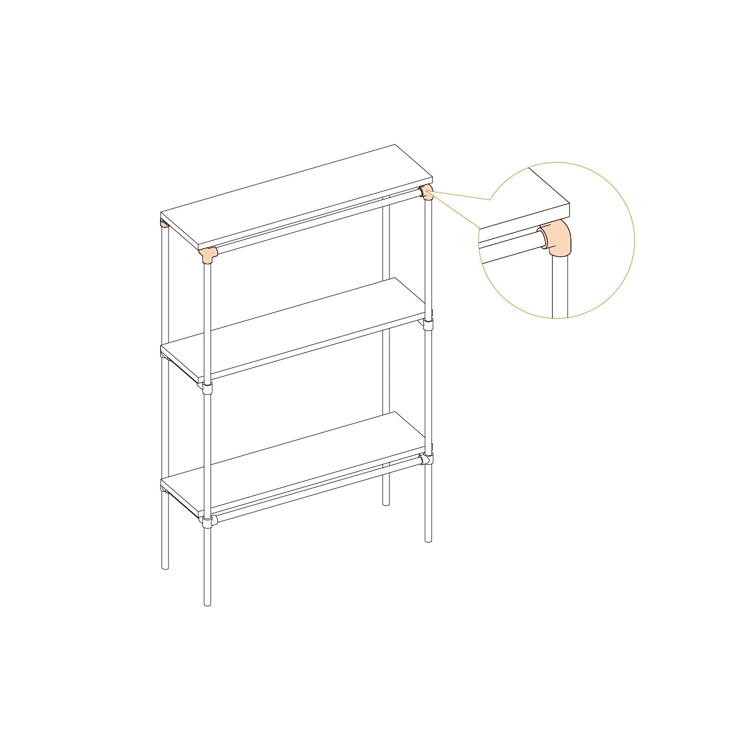 Silbernes Dreiweg-Eckstück 90° für Stahlrohr-Regale (Ø 2,7 cm).