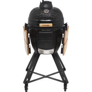 Schwarzer Jamestown Keramik-Holzkohlegrill Marwin M mit Bambus-Seitentischen und Untergestell.