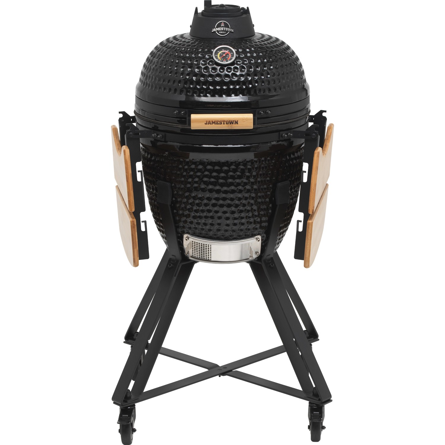 Schwarzer Jamestown Keramik-Holzkohlegrill Marwin M mit Bambus-Seitentischen und Untergestell.