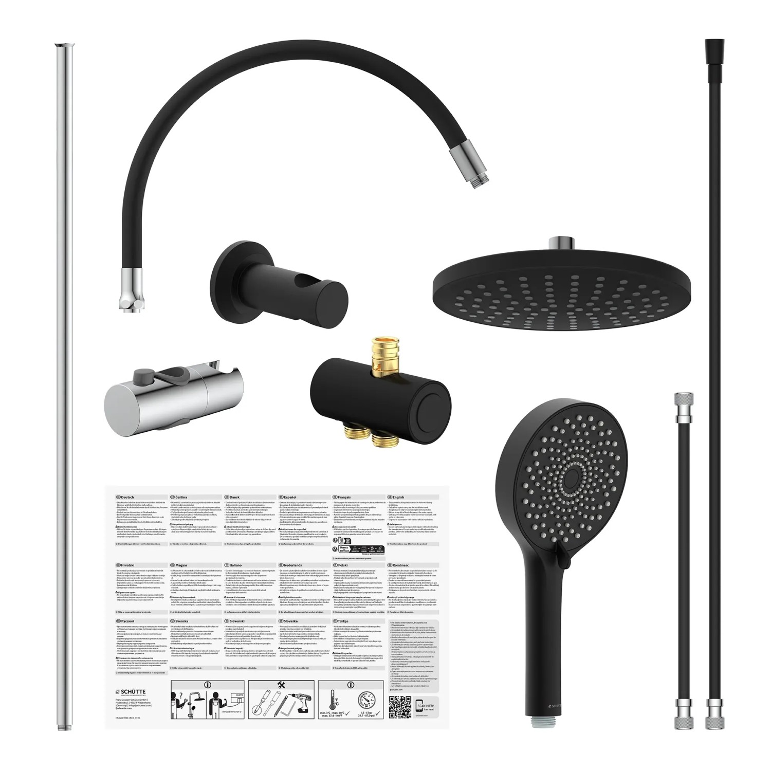 Schütte Überkopfbrause-Set Matao Rain, Chrom/Schwarz: Kopf-, Handbrause, Stange, Schlauch und Zubehör.