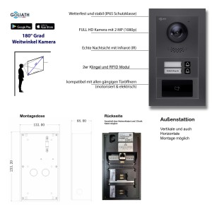 Goliath Video Türklingel für 2 Familien, 7 Zoll, Schwarz/Anthrazit, Unterputz mit RFID.