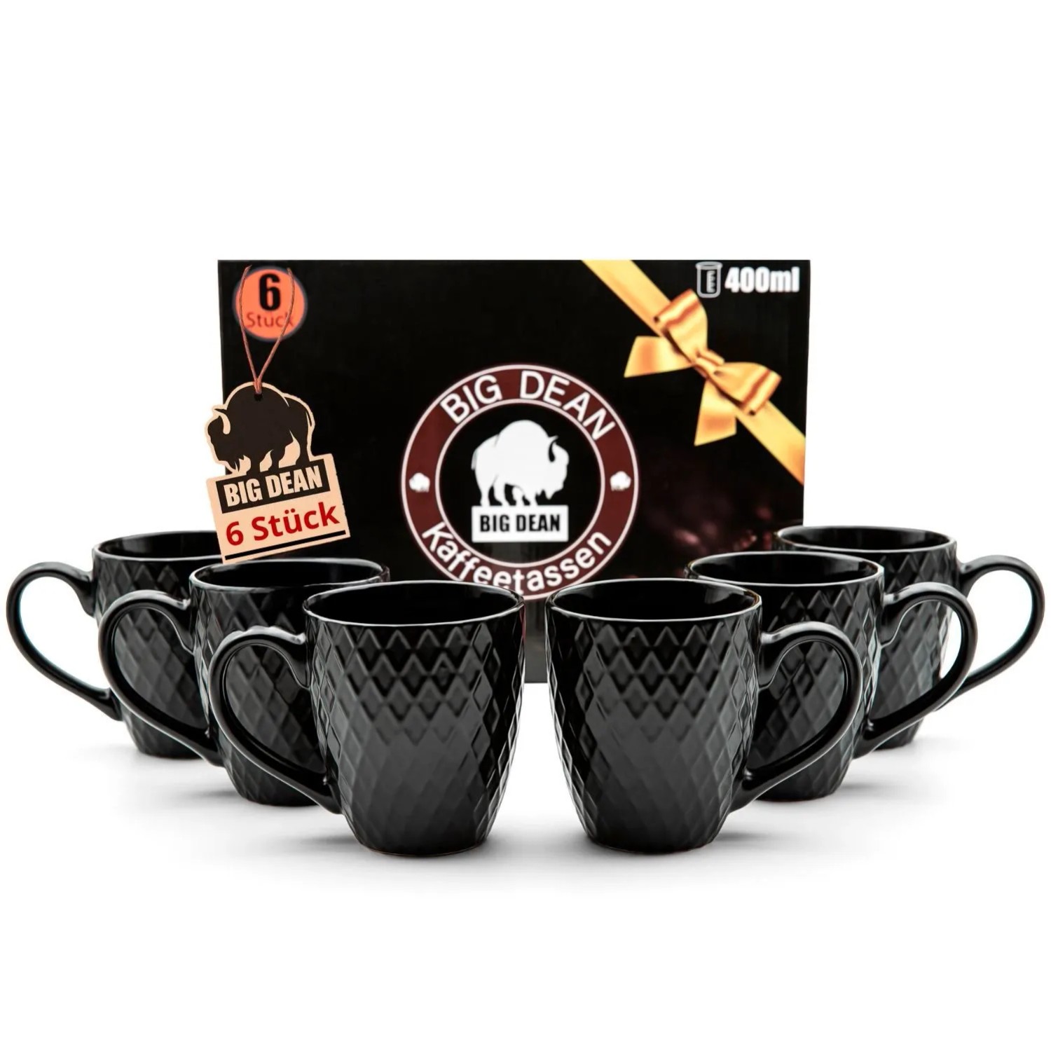 BigDean 6 Stück Kaffeetassen 400ml Schwarz Matt Kaffeebecher Keramik Hochwertiges Kaffeetassen Set Modernes Tassen Set in Geschenkbox