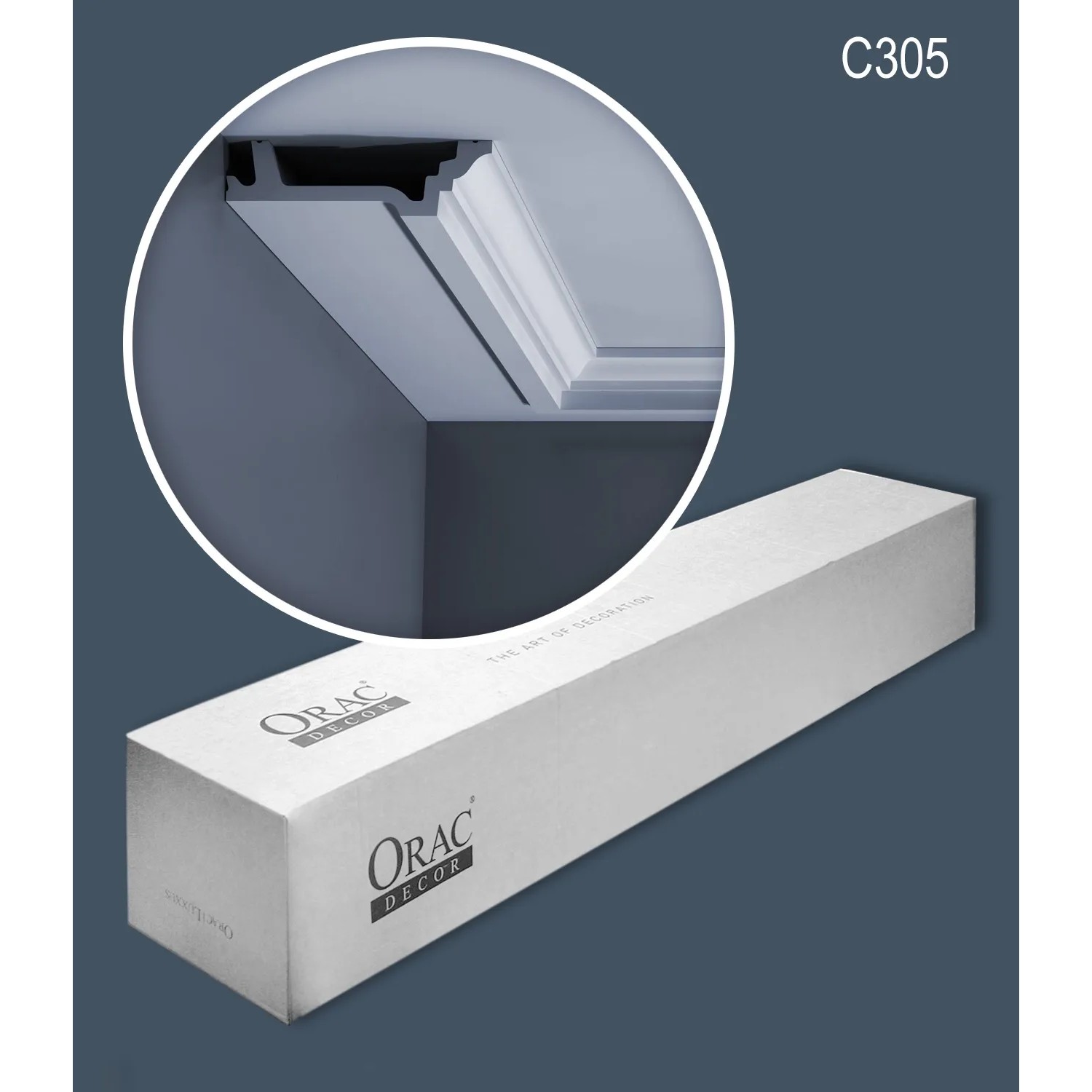 ORAC DECOR C305 LUXXUS Zierleisten Set mit Stuckleiste im Karton und Anwendungsbeispiel.