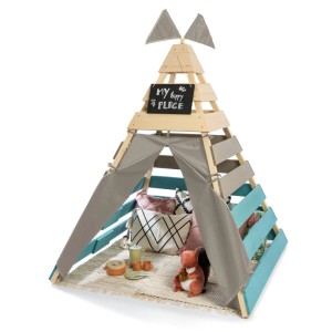 MUDDY BUDDY Outdoor Tipi Dreamer in Natur, Grau & Petrol mit Kreidetafel und Deko.