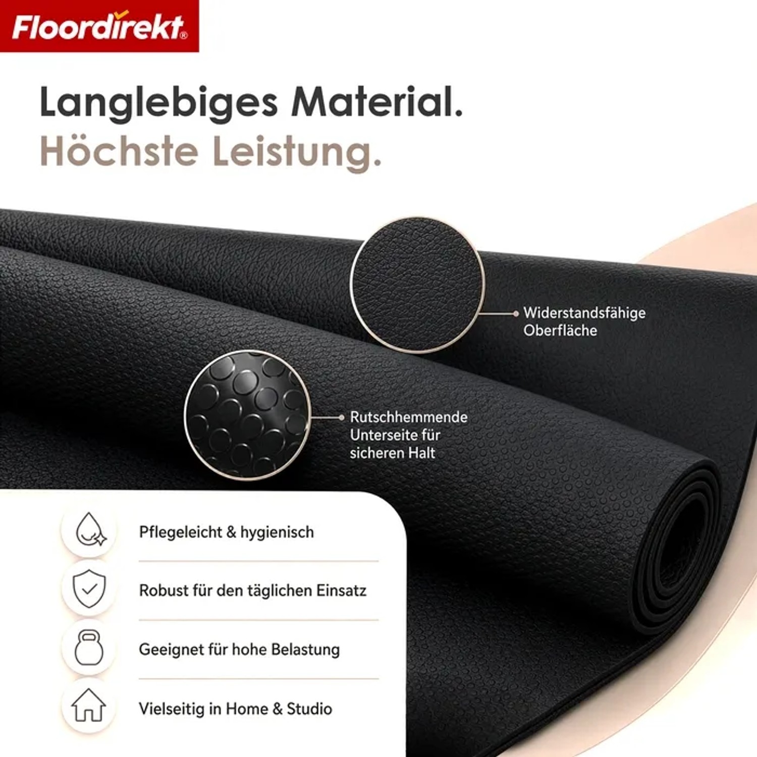 Schwarze Floordirekt Bodenschutzmatte Sparta, rutschfest, 200x90 cm, für Fitnessgeräte.