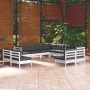 Weißes 11-tlg. Garten Lounge Set aus Kiefernholz mit anthrazitfarbenen Kissen.