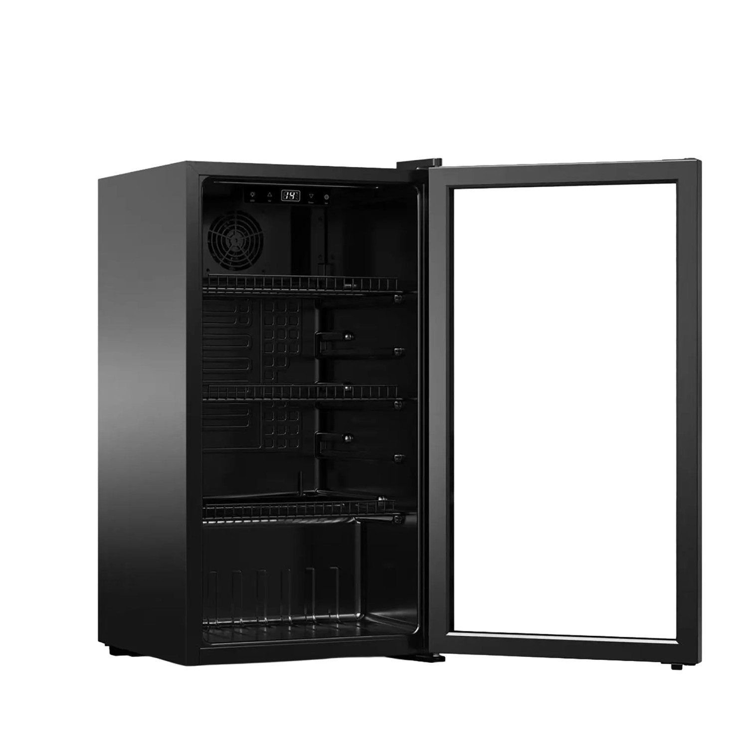 Offener, schwarzer PKM Flaschenkühlschrank GKS83B mit Glasfront. Ideal für Getränke.