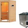 Woodfeeling Sauna Antonia mit 9 kW Ofen und Glastür. Massivholzsauna für entspannende Stunden.
