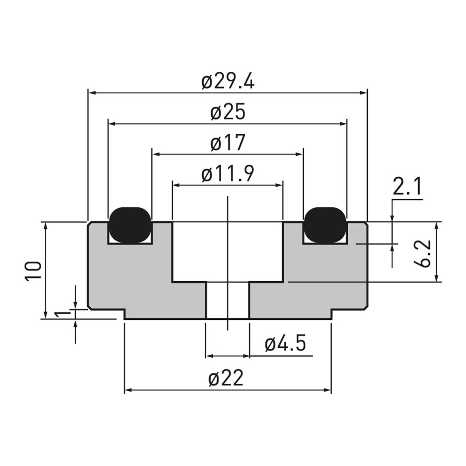 Technische Zeichnung Dynavox Gerätefuß, silber, Ø 30mm, mit Maßen.