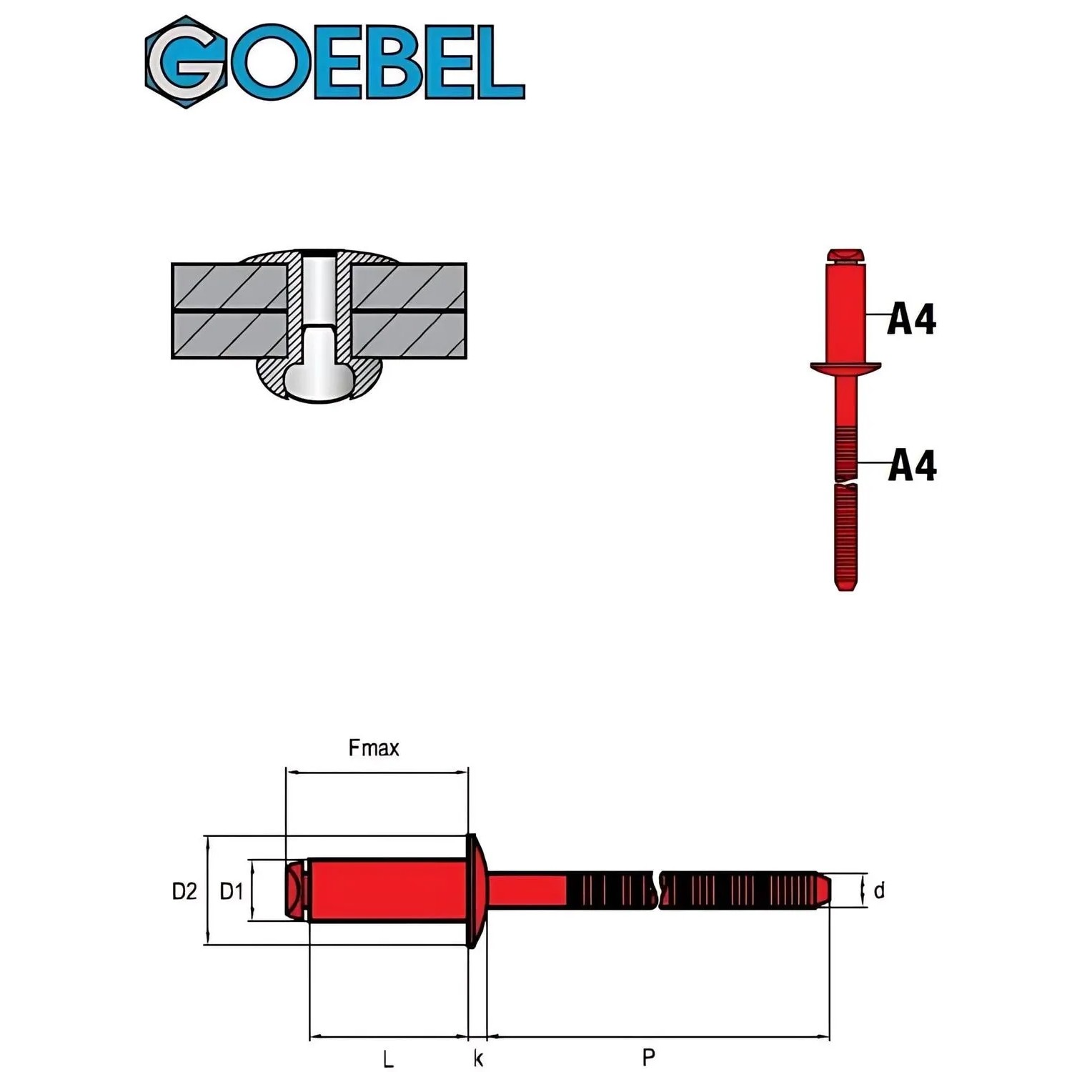 Technische Zeichnung: GOEBEL 500 Flachkopfniete, Edelstahl A4, 5,0x16,0 mm, Blindniete mit Maßen.