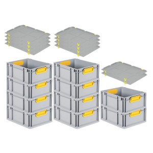 PROREGAL Spar Set: 10 graue Euroboxen mit gelben Griffen und Auflagedeckel, gestapelt.