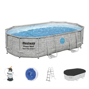 Bestway Stahlrahmenpool Set Power Steel Swim Vista, oval, grau, mit Leiter, Sandfilteranlage und Abdeckplane.