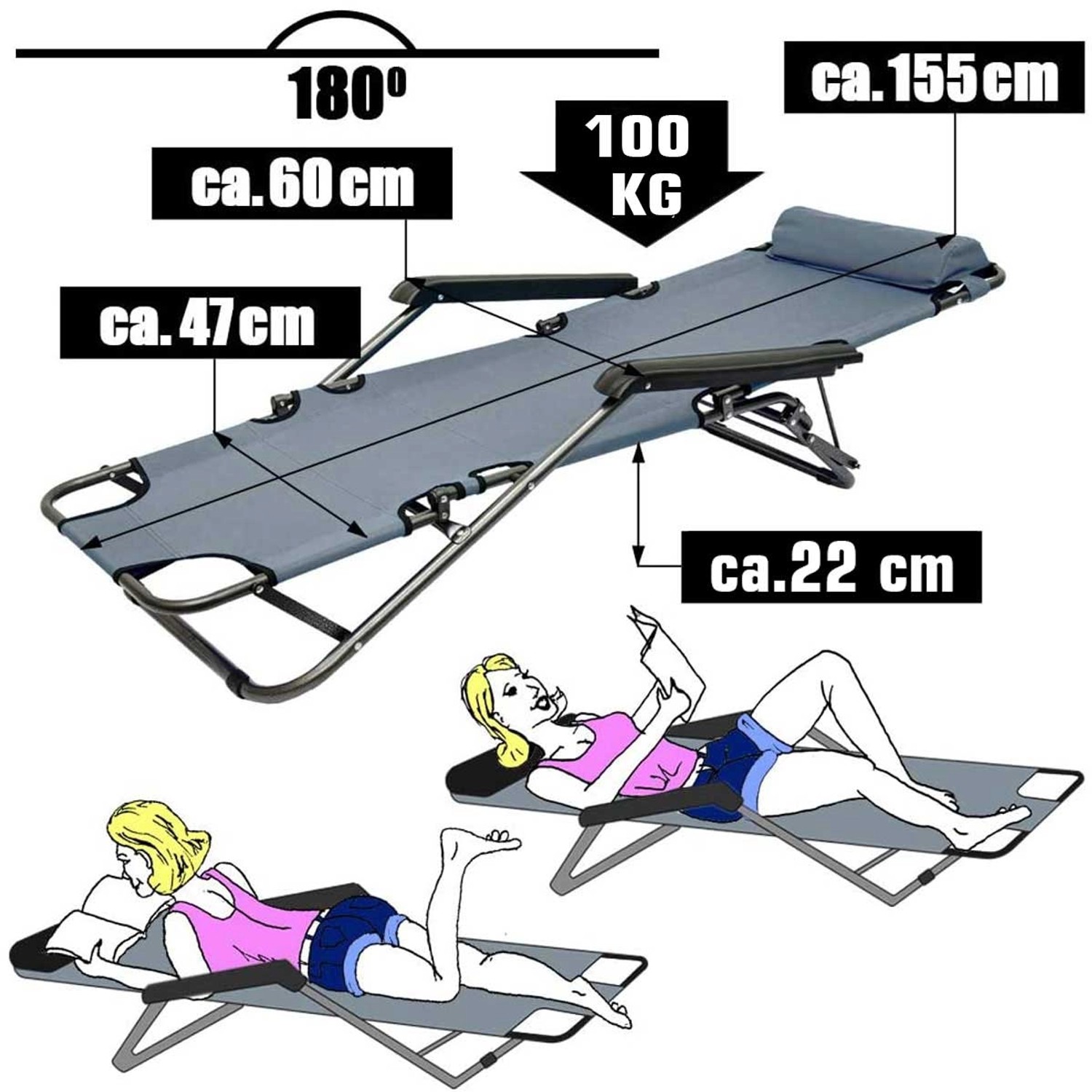 Graue AMANKA Campingliege, klappbar, mit Nackenrolle und Stahlgestell. Ideal für Camping und Garten.