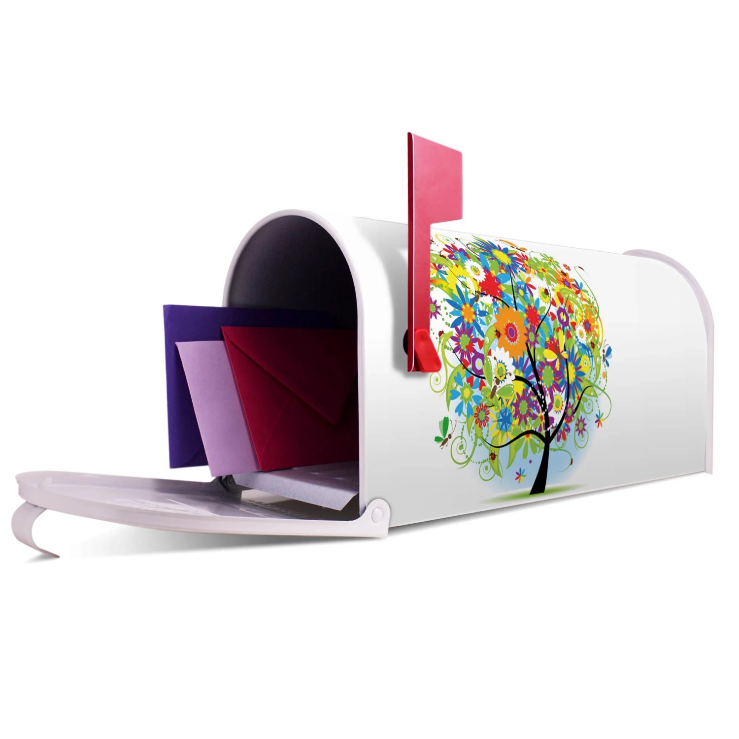 Weißer US Briefkasten mit Märchenzauberbaum Motiv, Briefe liegen im offenen Kasten.