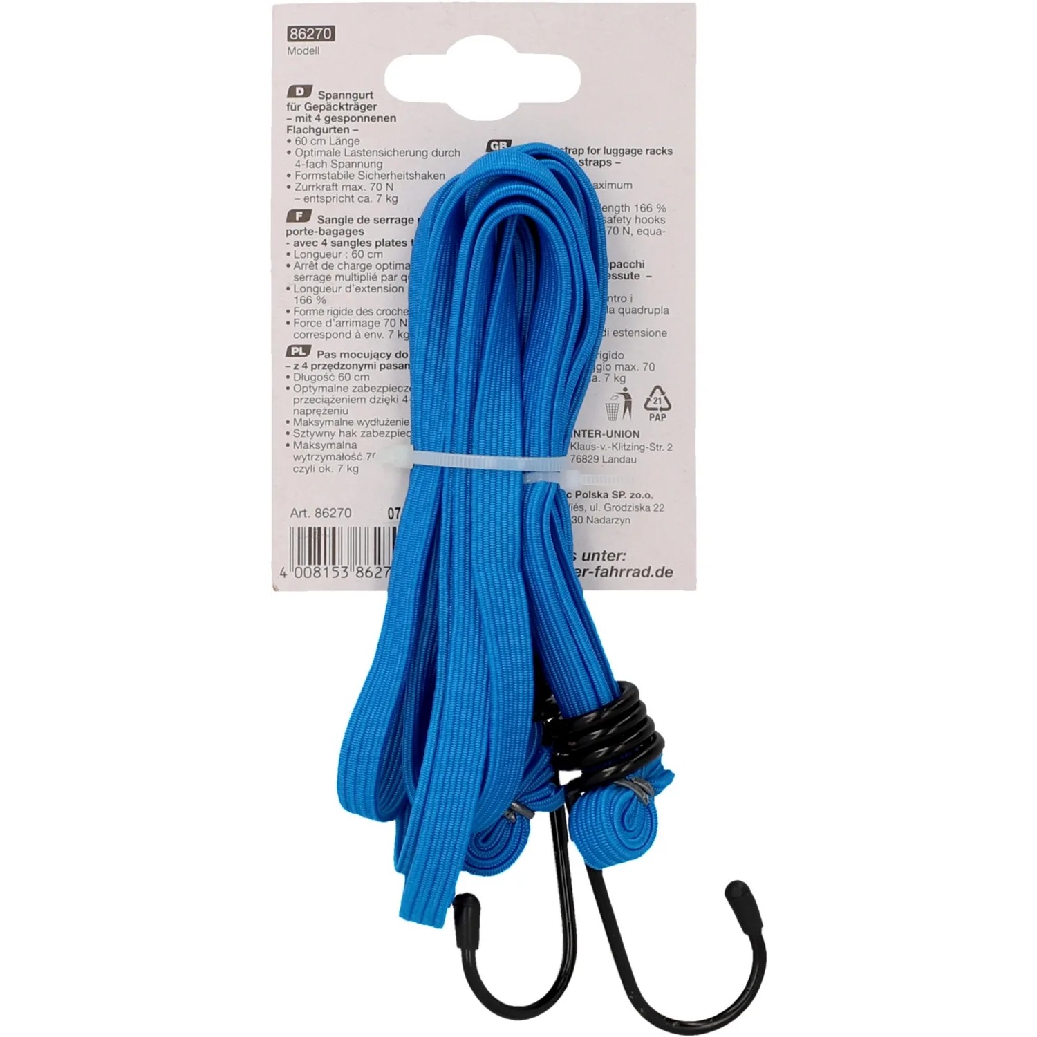 Blauer Fischer Spanngurt 60 cm für Gepäckträger mit Haken zur Ladungssicherung.