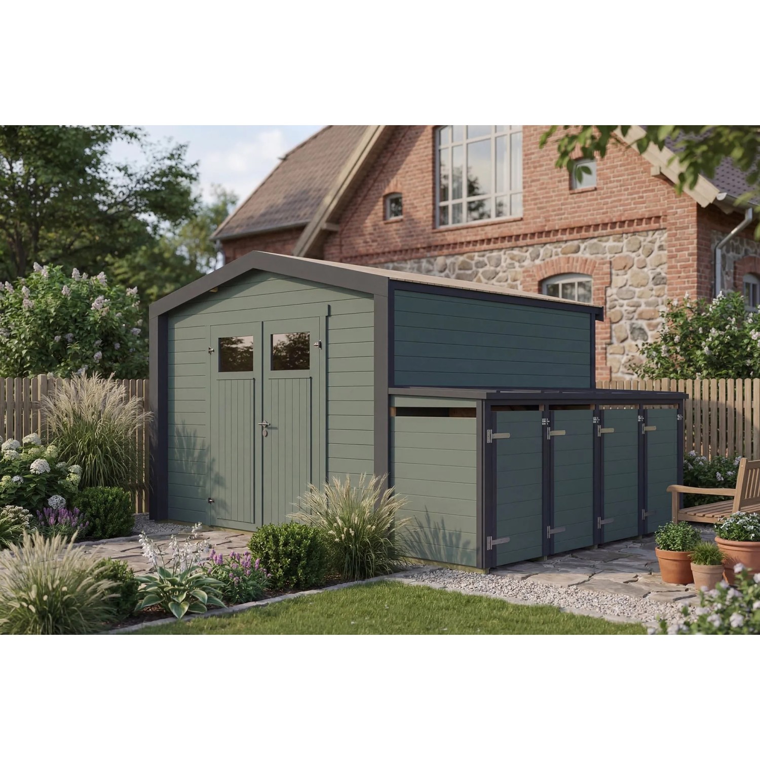 Weka Holz-Gartenhaus Killarney Satteldach Grau-Grün Lasiert 401 cm x 311 cm