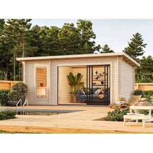 Palmako Sauna Sanna Slide Plus: Naturbelassenes Saunahaus mit Schiebetür und großem Ruheraum am Pool.