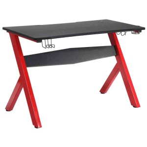 Costway Gamingtisch mit Tassen- und Kopfhörerhalter, Stahlgestell, schwarze Tischplatte, rote Beine.