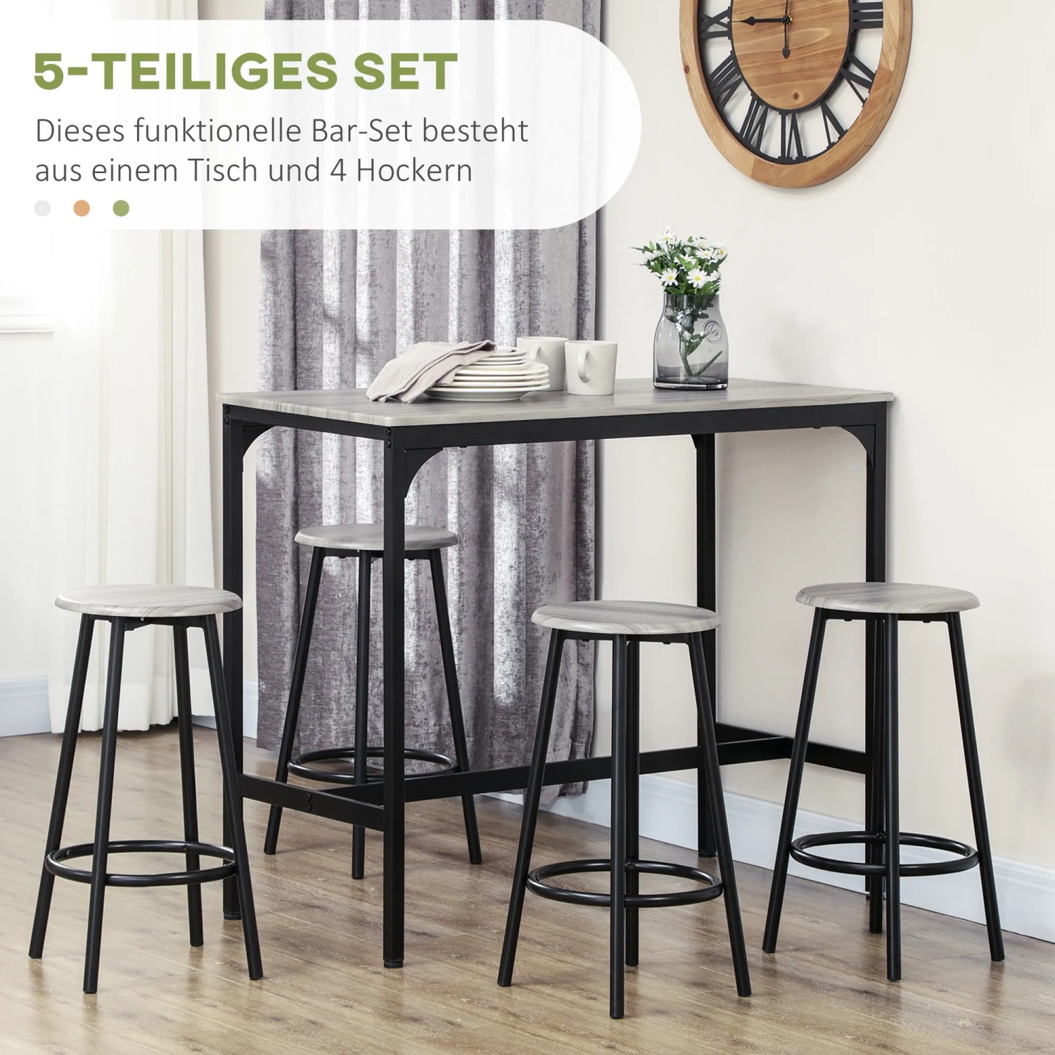 HOMCOM Bartisch-Set, 5-teilig, grau: Tisch mit 4 Barhockern aus MDF und Metall im Industriedesign.