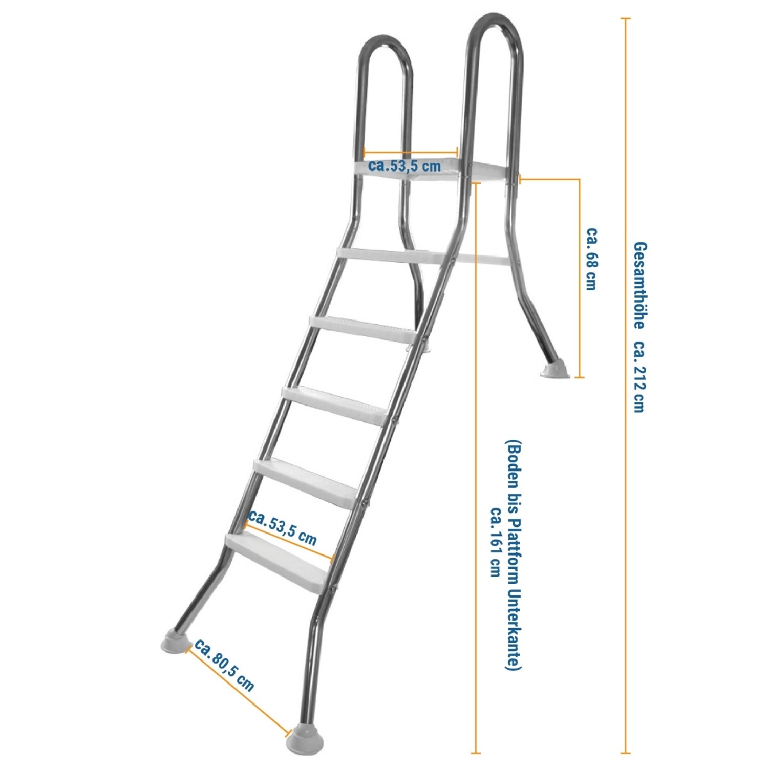 Poolleiter Evolution für teilversenkte Becken, Edelstahl V2A, mit Plattform und 1+5 Stufen.