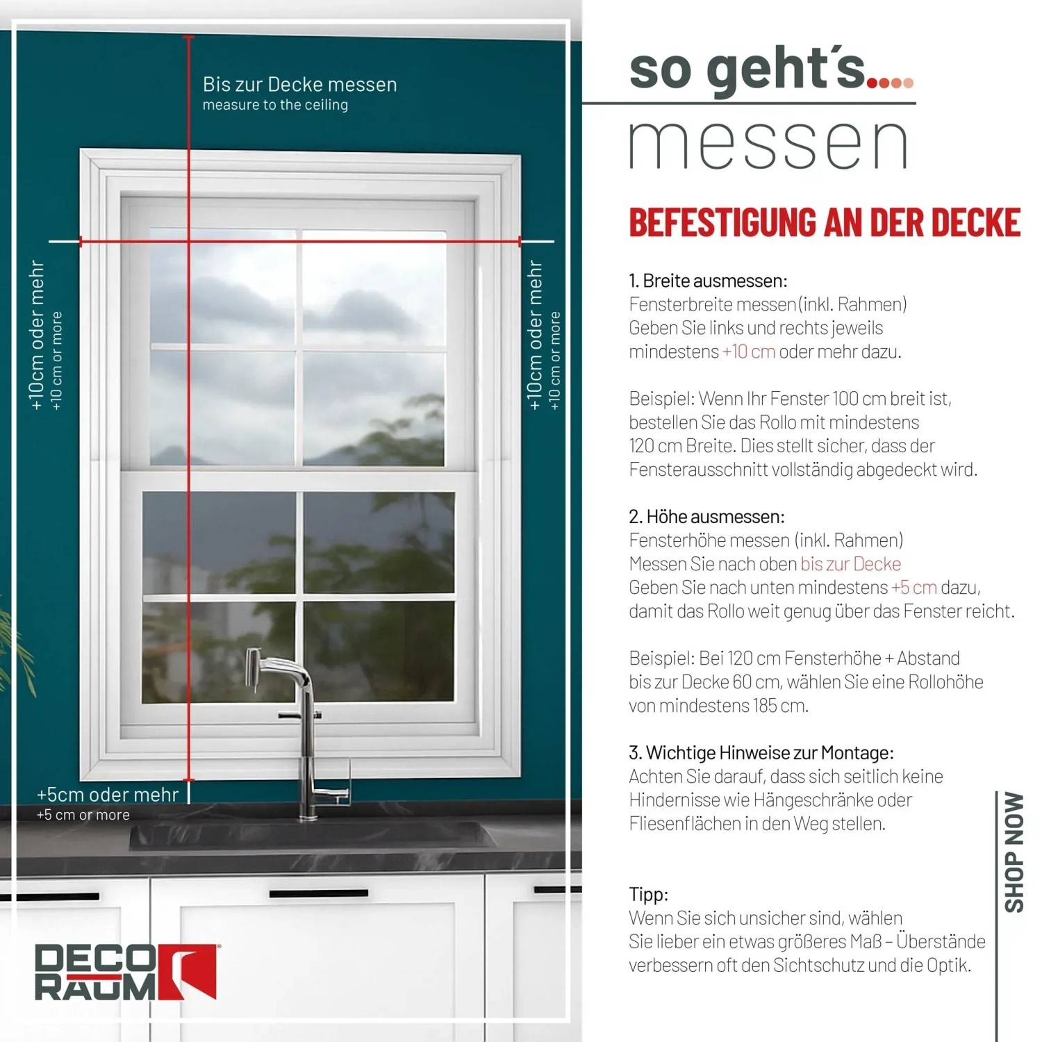 Anleitung zum Ausmessen eines Tageslicht-Rollos für Deckenmontage. Fenster mit Maßangaben für Breite und Höhe.