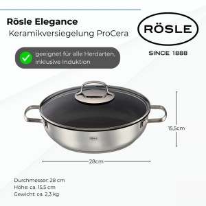 RÖSLE Elegance Servierpfanne Ø28 cm aus Edelstahl mit ProCera Keramikbeschichtung, Glasdeckel und zwei Griffen, induktionsgeeignet.