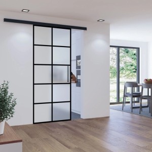 inova Glasschiebetür Satiniert 10 Felder 880 x 2035 mm Komplettset in Schwarz mit Stabgriff inkl. 2Seitiger Softclose
