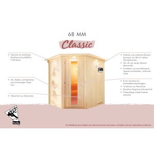 Karibu Sauna Bjar mit Ofen und Steuerung, 196x151x198cm, aus Fichte Massivholz.