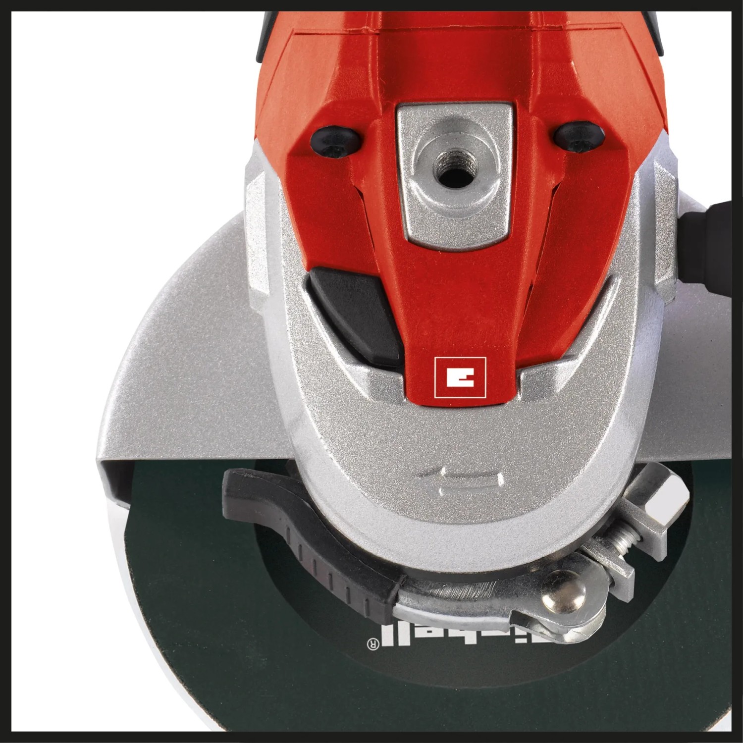 Einhell Winkelschleifer TE-AG 125/750 Kit, Detailansicht des Schleifkopfes mit Trennscheibe.