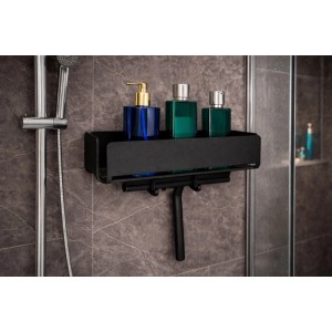 Schwarze Radius Design Duschablage 30cm aus Aluminium mit Klebemontage, für Shampoo und Duschgel in der Dusche.