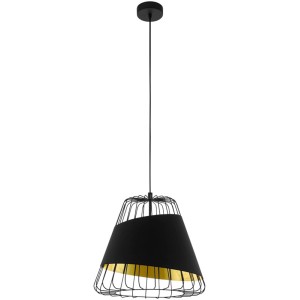 Moderne Eglo Pendelleuchte Austell in Schwarz-Gold, Stahl und Textil, für E27 Leuchtmittel. Elegante Hängelampe für Wohnräume.