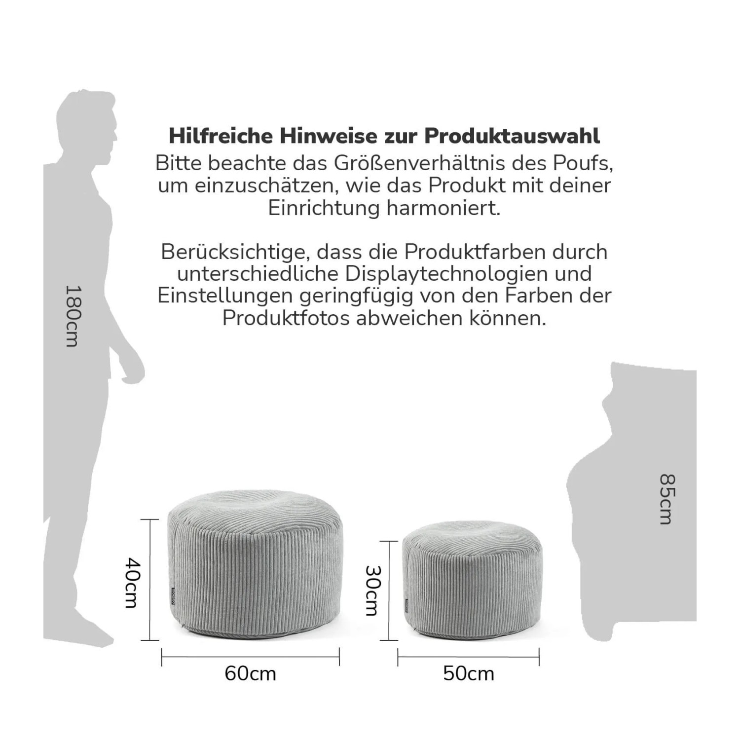 Grauer Cord-Sitzpouf „Der Faule Lenz“ von mokebo, Größenvergleich mit Person und Sessel.