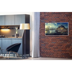 Könighaus Infrarotheizung mit Norwegen-Motiv, 60x120cm, an Backsteinwand. Elektrische Heizung mit Panorama-Aussicht.