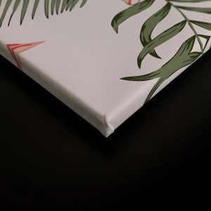 Leinwandbild mit Flamingo, Hibiskus und Palmenblättern für die Wanddekoration.